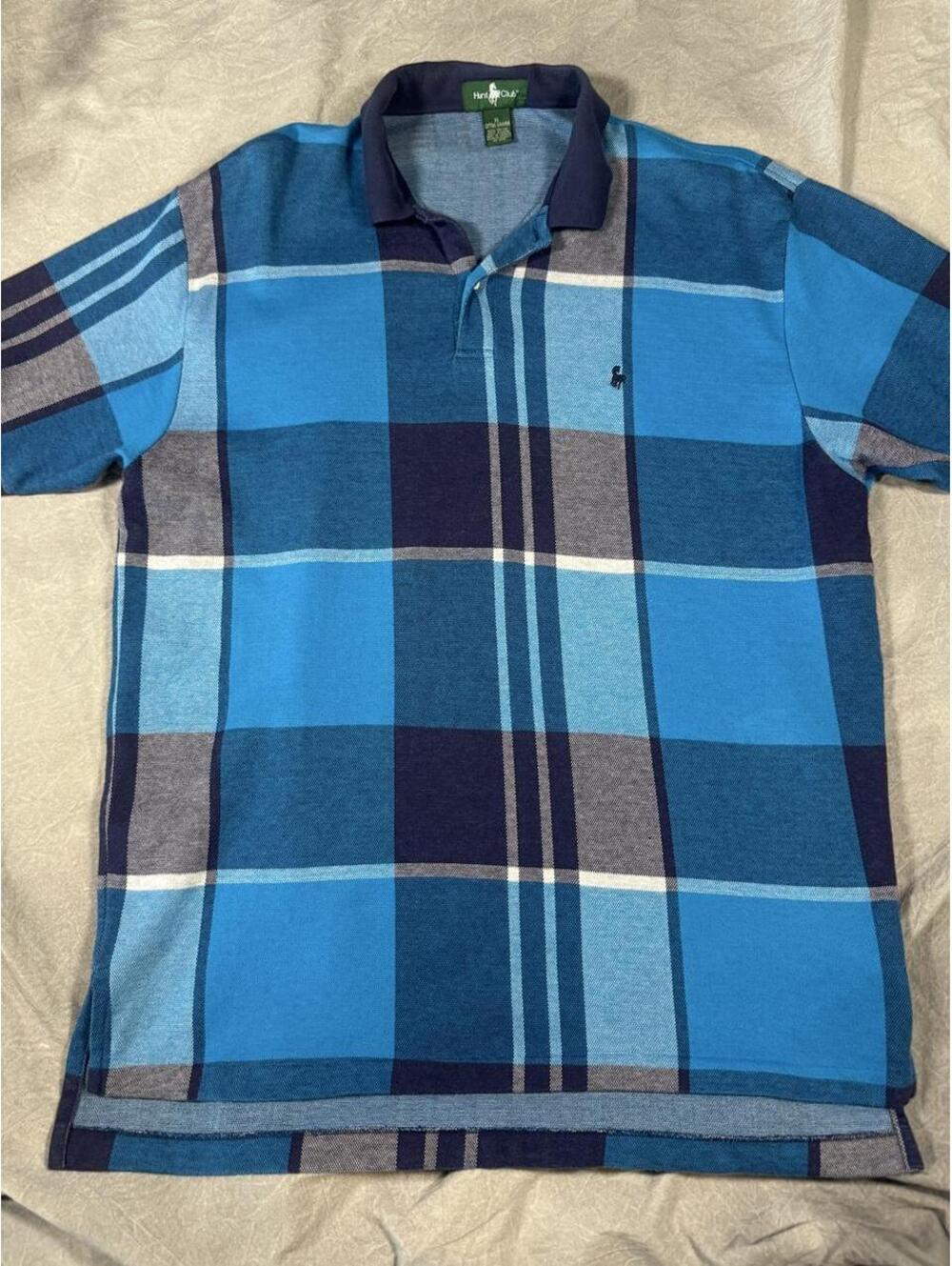 Vintage 90s Hunt Club Oversized vibrant blue Plaid Polo Shirt XL